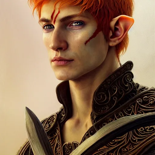 Image similar to portrait painting of a young elven man with a soft face and short light orange hair and tribal tattoos on his face wearing feather armor, ultra realistic, concept art, intricate details, eerie, highly detailed, photorealistic, octane render, 8 k, unreal engine. art by artgerm and greg rutkowski and charlie bowater and magali villeneuve and alphonse mucha