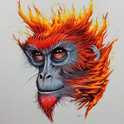 Image similar to Colored pencil art on paper, Inferno Flame Monkey, highly detailed, artstation, MasterPiece, Award-Winning, Caran d'Ache Luminance