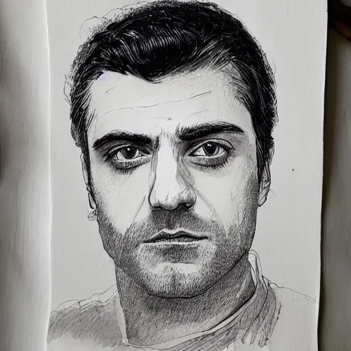 Image similar to ink and brush drawing of a portrait that is a cross between oscar isaac and ben mendelsohn