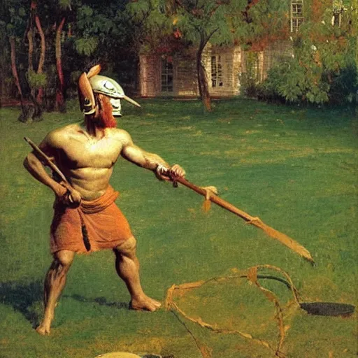 Prompt: A spartan mowing the lawn, photorealistic, by Ilya Repin and Dr. Seuss