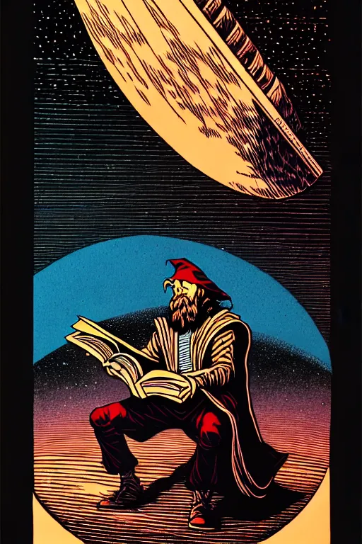 Prompt: wizard reading a book, high details, intricately detailed, by vincent di fate, inking, 3 color screen print, masterpiece, trending on artstation,, sharp, details, hyper - detailed, hd, 4 k, 8 k