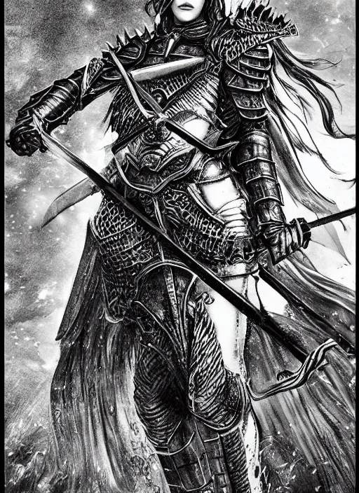 Image similar to Alexandra Daddario as a knight, highly detailed, black and white, manga, art by Kentaro Miura