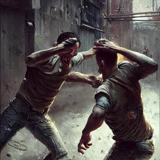 Image similar to original masterpiece artwork of 2 men choking each other during a fight in an alleyway by greg rutkowski and drew strewzan, horror, crime, hyperrealistic, octane render, exciting pose, dynamic lighting