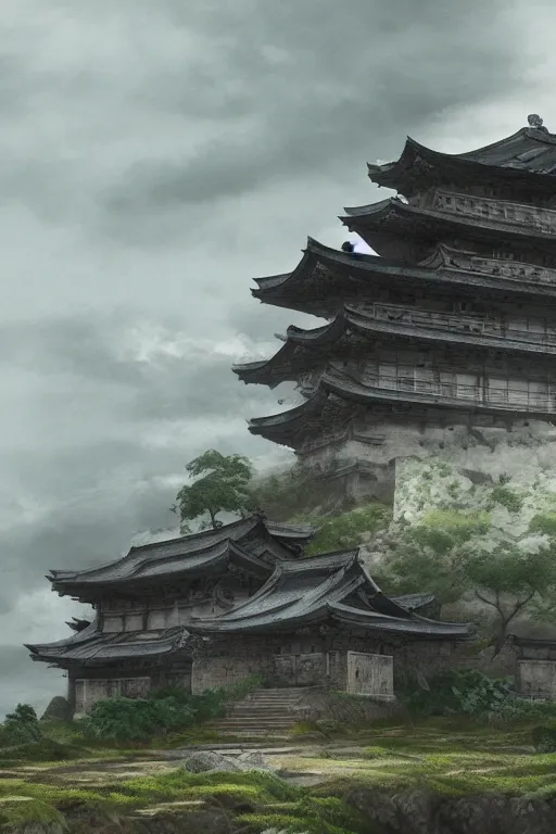 Image similar to detailed digital painting of old, ruined, japanese fort from sengoku period, overcast weather, environment concept art, photobash, overcast weather, unreal engine render, nanite