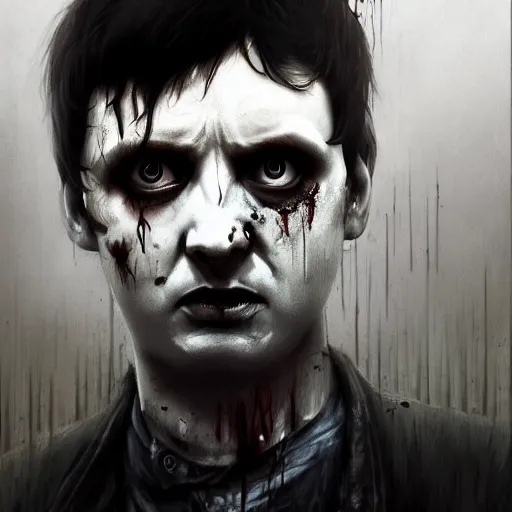 Image similar to ian curtis as a zombie, 7 days to die zombie, gritty background, fine art, award winning, intricate, elegant, sharp focus, cinematic lighting, digital painting, 8 k concept art, art by michael hussar, art by brom, art by guweiz and z. w. gu, 8 k