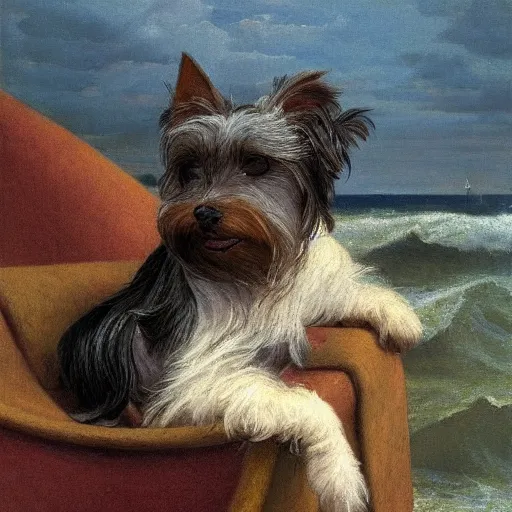 Image similar to a gray and brown Yorkshire Terrier under a rainbow at sea by Michael Sowa, head and shoulders portrait, golden hour, extremely detailed masterpiece, oil on canvas, by J. C. Leyendecker and Peter Paul Rubens and Edward Hopper and Michael Sowa,