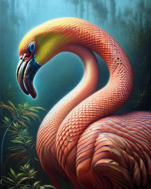 Image similar to a detailed portrait of dreampunk flamingo python hybrid mix by tomasz alen kopera and peter mohrbacher