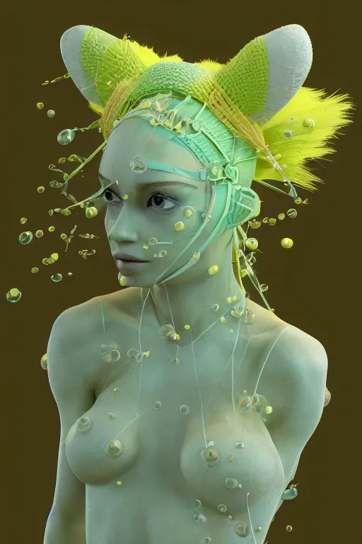 Image similar to epic 3 d sculpture of trans model, mesh headdress, 2 0 mm, with pastel yellow and pastel green bubbles bursting, perlin noise melting into bulbasaur, delicate, beautiful, intricate, houdini sidefx, artstation, by jeremy mann and ilya kuvshinov, jamie hewlett and ayami kojima