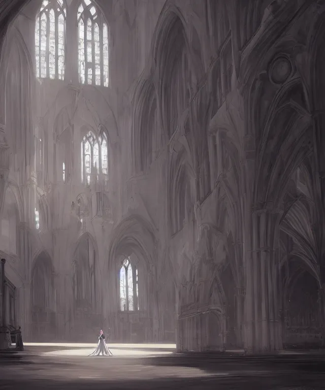 Prompt: a young woman in an empty cathedral, sideways, on her knees, wearing a white dress, holding a knife to her chest, sideway, sharp focus, high contrasts, wide angle, establishing shot, fantasy, digital art by eddie mendoza, trending on artstation