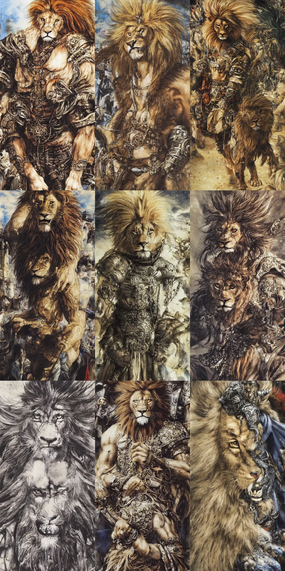 Image similar to 8 k yoshitaka amano painting of upper body of a young cool looking lion beastman with white mane at a medieval market at windy day. depth of field. he is wearing complex fantasy clothing. he has huge paws. renaissance style lighting.