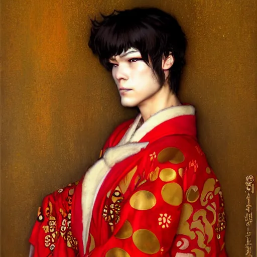 Image similar to a portrait of a male wolf in a red kimono in the sewers. furaffinity furry art detailed face painting by gaston bussiere craig mullins jc leyendecker gustav klimt artgerm greg rutkowski furry