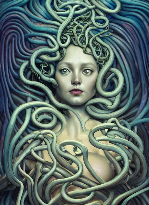 Prompt: medusa, wooden art nouveau swirls, strong subsurface scattering, cables, tubes, subsurface scattering, in the style of james jean and tomasz alen kopera and ross draws, subsurface scattering, mystical colors, rim light, soft lighting, 8 k, stunning scene, raytracing, octane render, trending on artstation