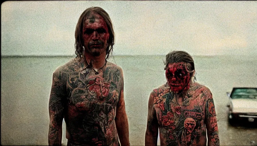 Prompt: 7 0 s film still from a horror movie about the bayou and tattoos, kodachrome, cinecolor, cinestill, film grain, film texture, retro, cinematic, high resolution, photorealism,