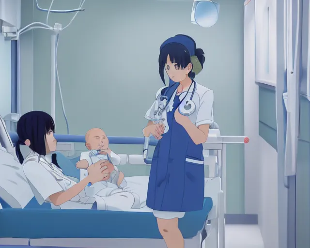 Image similar to a cute young female doctor wearing white coat are talking to a little baby in blue shirt in a hospital, slice of life anime, lighting, anime scenery by Makoto shinkai