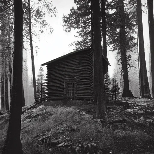 Image similar to a photo of a Eerie cabin in the middle of the woods photographed by Ansel Adams