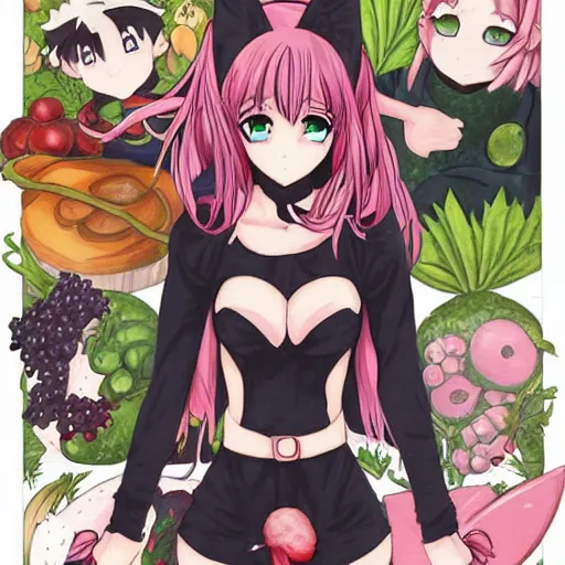 Image similar to detailed anime art for the Central Pork Superheroes, female emo catgirl superheroes, pigs, berries, crystals, weeds, bagels, lightning