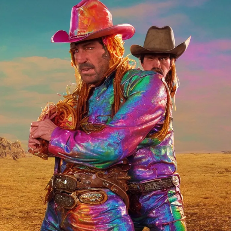 Image similar to 1 9 7 0's spaghetti western film octane render portrait by wayne barlow and carlo crivelli and glenn fabry, a person wearing a shiny colorful iridescent latex suit and cowboy hat covered in colorful slime, standing in a colorful scenic western landscape with multicolored clouds, cinema 4 d, ray traced lighting, very short depth of field, bokeh