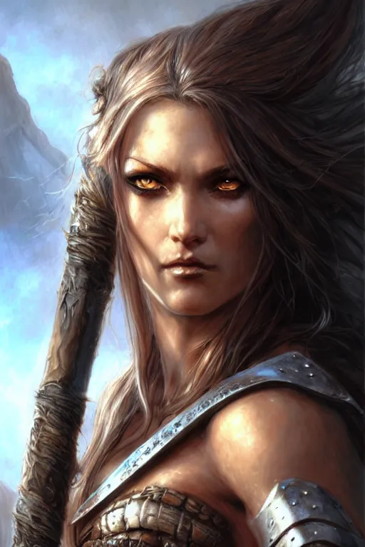 Image similar to half length portrait of a barbarian, female, high fantasy, dnd, face details, extremely detailed, smooth, sharp focus, digital illustration, by luis royo, magali villeneuve, donato giancola, wlop, krenz cushart, artgerm