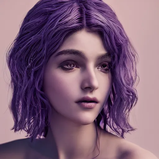 Image similar to Aphrodite Goddess of Love, intricate, portrait, character photography, Incredible purple and black illustration, highly detailed, octane render, 8k, post-processing