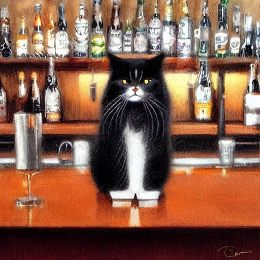 Image similar to of a british longhair cat sitting at the bar next to a beer, by greg rutkowski