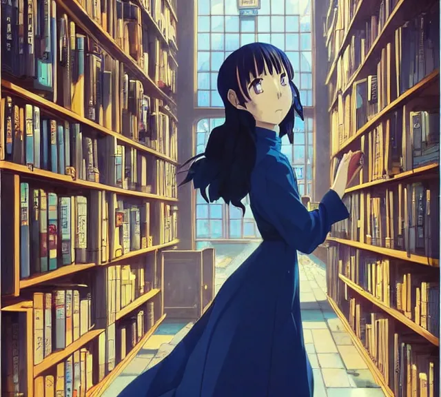 Prompt: anime visual, portrait of a young female traveler in a magic book shop interior, beautiful face by yoh yoshinari, katsura masakazu, studio lighting, dynamic pose, dynamic perspective, strong silhouette, anime cels, ilya kuvshinov, cel shaded, crisp and sharp, rounded eyes, moody, ( detailed character!! ), blue colors!!