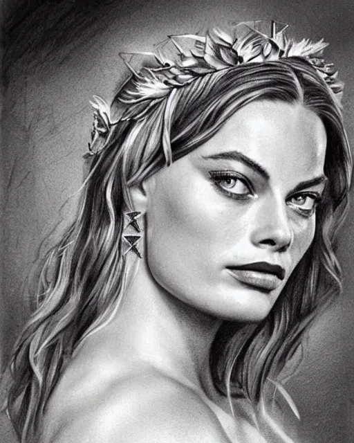 Image similar to realism tattoo sketch of margot robbie as a beautiful greek goddess aphrodite with piercing eyes wearing a laurel wreath and triangle earrings, in the style of greg rutkowski, amazing detail