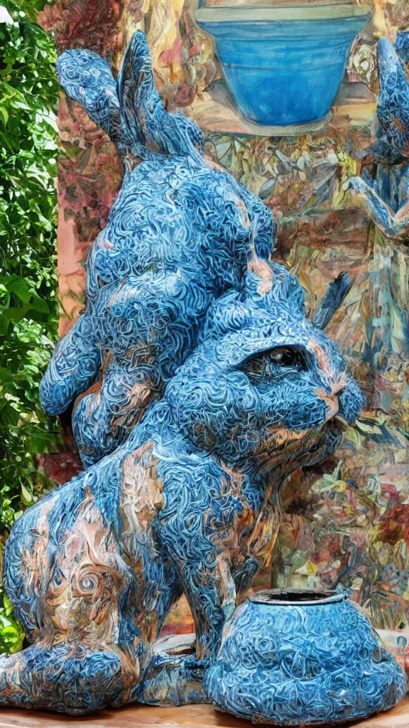 Prompt: a detailed huge rabbit statue beside a big blue persian pot by rafael