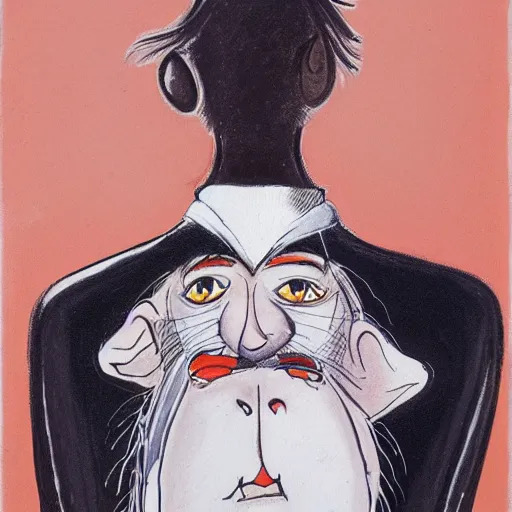 Image similar to a detailed portrait painting of a man with a cat on his back by gerald scarfe