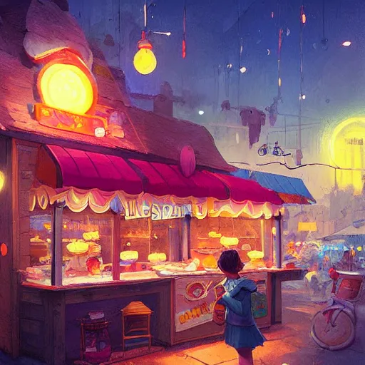 Image similar to Busytown ice cream shop, epic, fun, optimistic colors, by Greg Rutkowski