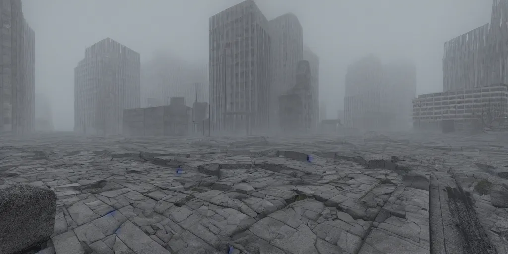 Image similar to wide - angle view of a deserted city with brutalism architecture and stone buildings with overcast and foggy weather. detailed, ultra - realistic, 4 k.