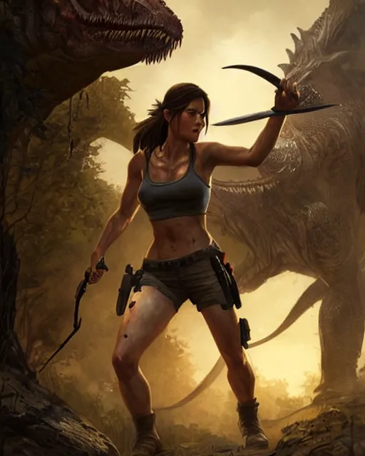 Prompt: lara croft fighting the tyrannosaurus rex | | realistic shaded, fine details, realistic shaded lighting poster by greg rutkowski, magali villeneuve, artgerm, jeremy lipkin and michael garmash and rob rey