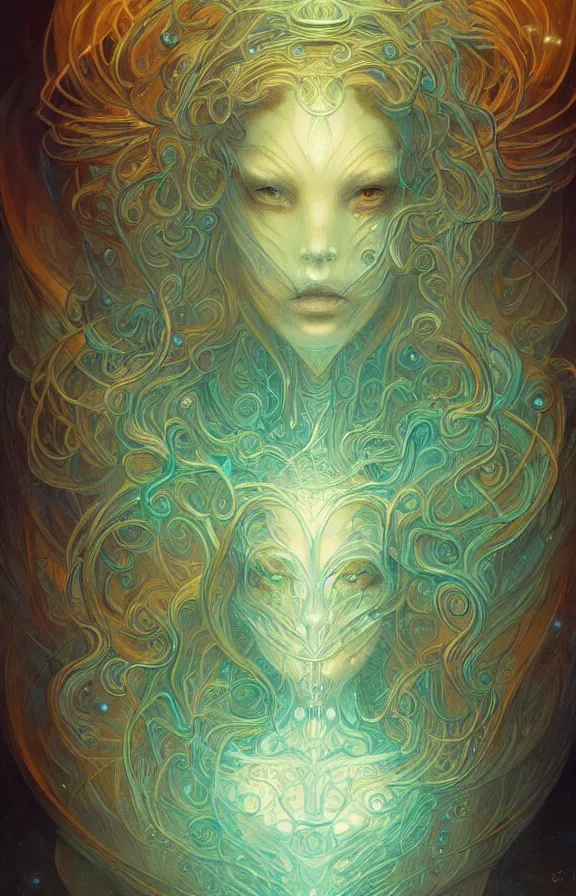 Prompt: a highly detailed beautiful portrait of a robot in the style of jean delville and in the style of peter mohrbacher. glowing rune of magical power.