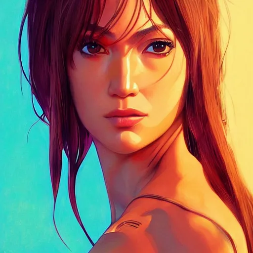 Image similar to jennifer lopez portrait as manga girl, realistic shaded perfect face, fine details. anime. realistic shaded lighting poster by ilya kuvshinov katsuhiro otomo ghost - in - the - shell, magali villeneuve, artgerm, jeremy lipkin and michael garmash and rob rey