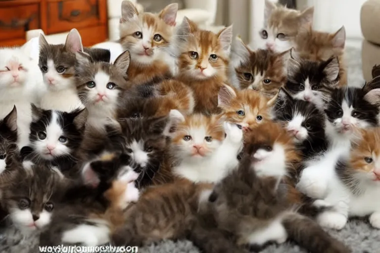 Image similar to a living room full of cute kittens that are all facing the camera