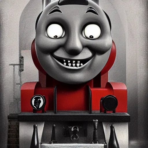 Image similar to gloomy and frightening creepy smiling thomas the engine goes straight to hell, artstation