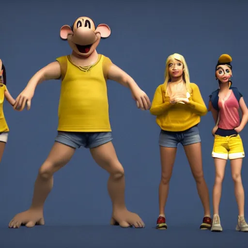 Prompt: 3 d render, portrait, upper body shot, mid shot, anthropomorphic mouse, female, wearing denim short shorts and a off yellow tank top shirt, in the style of disney's robben hood