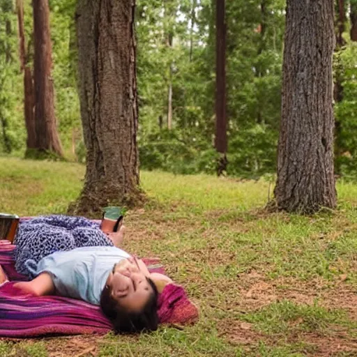 Prompt: your mom laying on bed in middle of forest with book in one hand and beer in other.