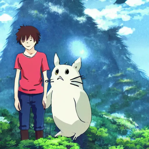 Prompt: teenager boy with Fragile looking beautiful portrait face with a small friendly creature made by Studio Ghibli highly detailed art, beautiful scene, sharp focus, smooth, 8k, anime art, nostalgic