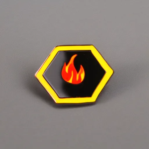 Prompt: a retro minimalistic rhombus shape enamel pin of a retro 1 9 8 0 s minimalistic flame fire warning label, smooth curves