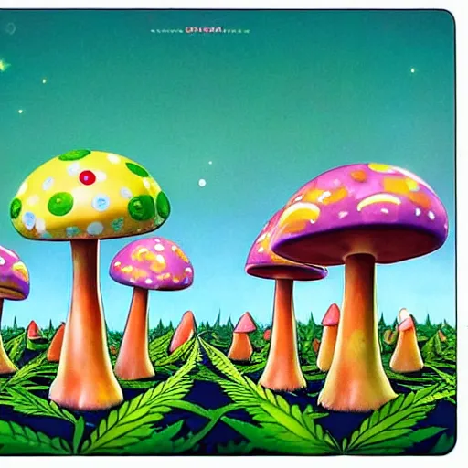 Prompt: cannabis magic mushrooms people advocating for their own freedom to grow pot plants in their backyards, colorful whimsical fantasy, by chiho aoshima