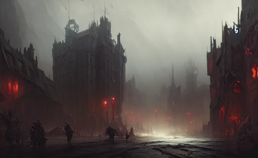 Prompt: extreme long shot concept art depicted old english majestic town, dramatic mood, overcast mood, dark fantasy environment, dieselpunk, art from legends of runeterra, art from league of legends, art from arcane, art by darek zabrocki, trending on artstation, unreal engine, golden ratio, spectacular composition