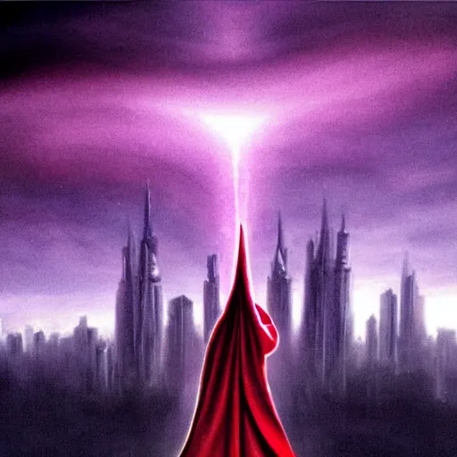 Prompt: red-hooded magicians casting purple colored spells at 911 WTC Twin Towers, white glowing souls flying out of the towers into cosmic black hole sky, beautiful hyper realistic in the style of The Lord of the Rings