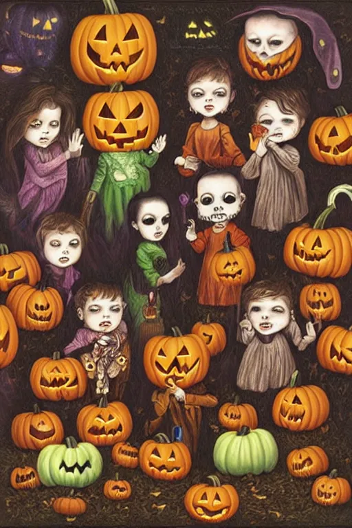 Prompt: halloween pumpinks children trick or treating in low brow style by mark ryden