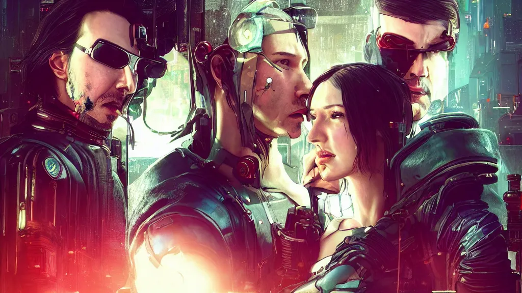 Prompt: a cyberpunk 2077 srcreenshot couple portrait of Keanu Reeves and female android final kiss,love,film lighting,by Laurie Greasley,Lawrence Alma-Tadema,Andrei Riabovitchev,Dan Mumford,John Wick,Speed,Replicas,artstation,deviantart,FAN ART,full of color,Digital painting,face enhance,highly detailed,8K,octane,golden ratio,cinematic lighting