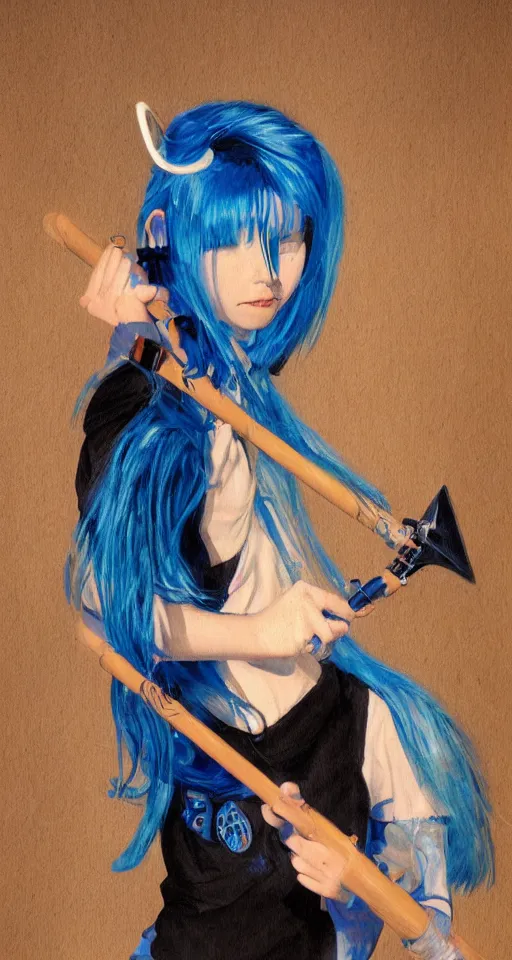 Image similar to amospheric portrait of a teenage rocker girl from the 9 0 s, blue hair, blue eyes, wielding a staff, in the style of joaquin sorolla, bill sienkiwicz, syd mead, atmospheric, detailed