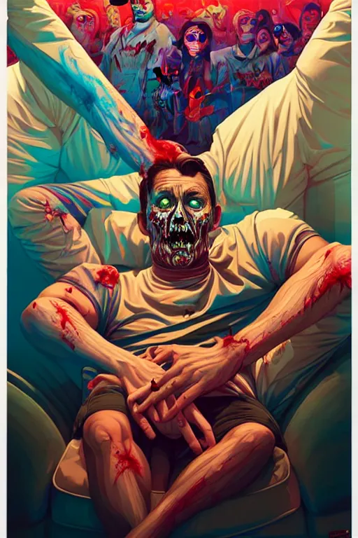 Image similar to a zombie dad sitting on the couch and watching tv, tristan eaton, victo ngai, artgerm, rhads, ross draws