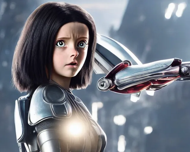 Image similar to a beautiful film still from battle angel alita played by actress millie bobby brown, futuristic, cinematic lighting, photorealistic, lifelike, highly detailed, photorealistic, high resolution