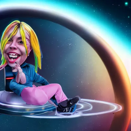 Prompt: caricature of billie eilish riding on a spaceship 4k