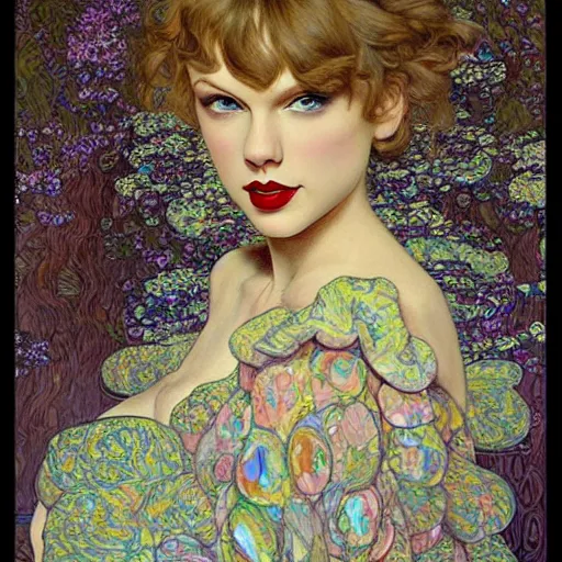 Image similar to romantic painted portrait of taylor swift by james jean!!!, mucha, klimt