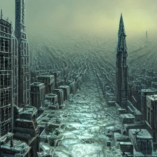 Image similar to the city under the ice, artwork by Ted Nasmith and H R Giger, trending on art station